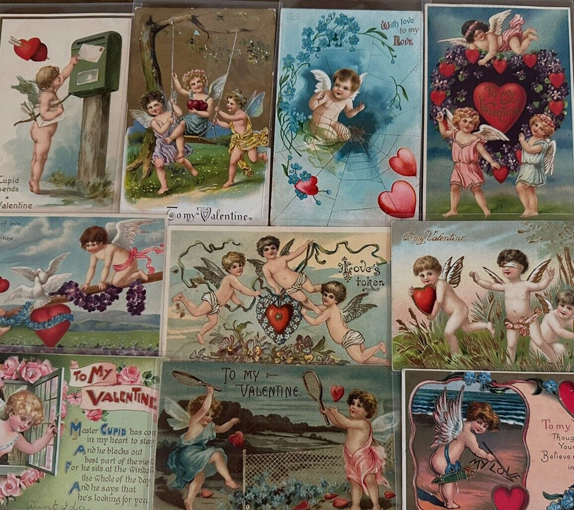 Lot of 10 Cupids with Hearts~Flowers~ Antique  Valentine's Day Postcards~h331