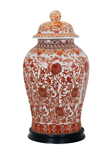 Beautiful Orange/Coral And White Porcelain Chinoiserie Temple Jar 19\