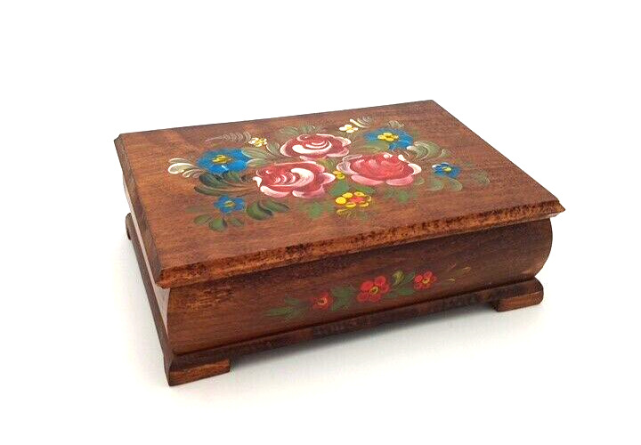 Wooden Musical Jewelry Box Hand Tole Painted Swiss Reuge  7.5 x 5