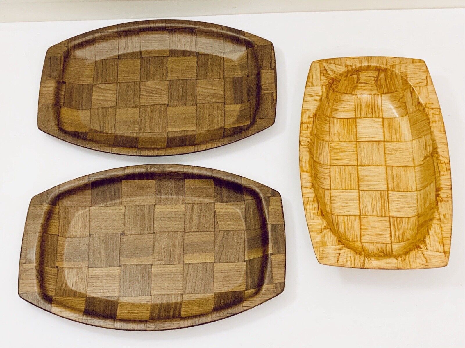 RARE 1960’s African Avodire Vintage Weave Wood Basket & Walnut Plates Weavewood