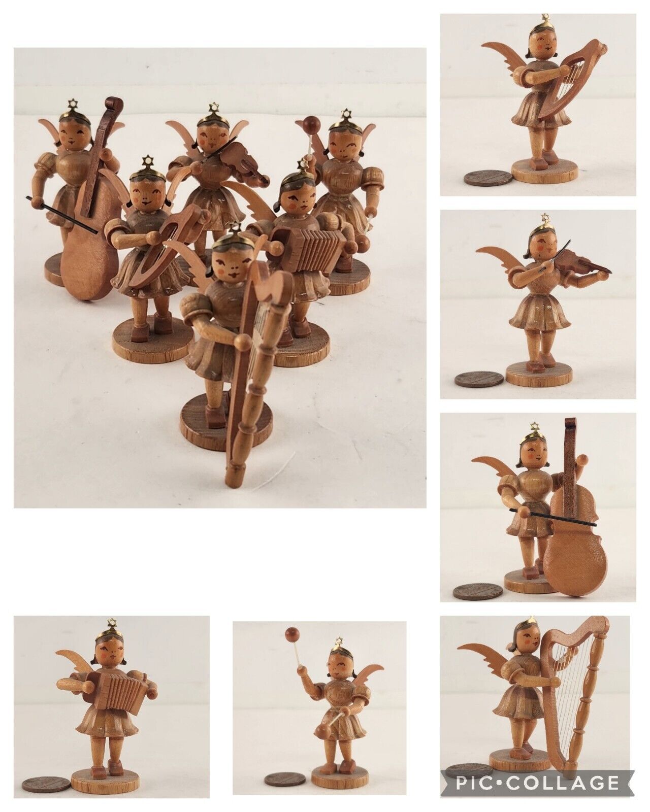 6 Pc Erzgebirge Wood Winged Angel Orchestra Playing Instruments Vintage 2½\