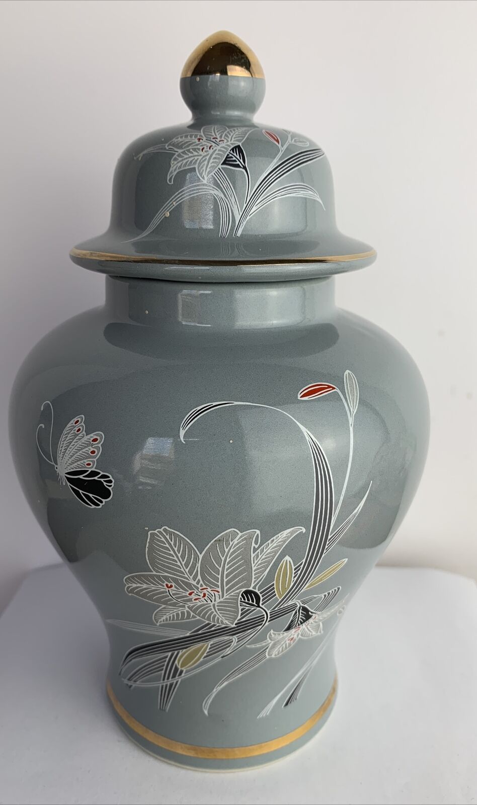 Vintage Fine China Porcelain Gray Vase Ginger Jar Floral Design Made In Japan