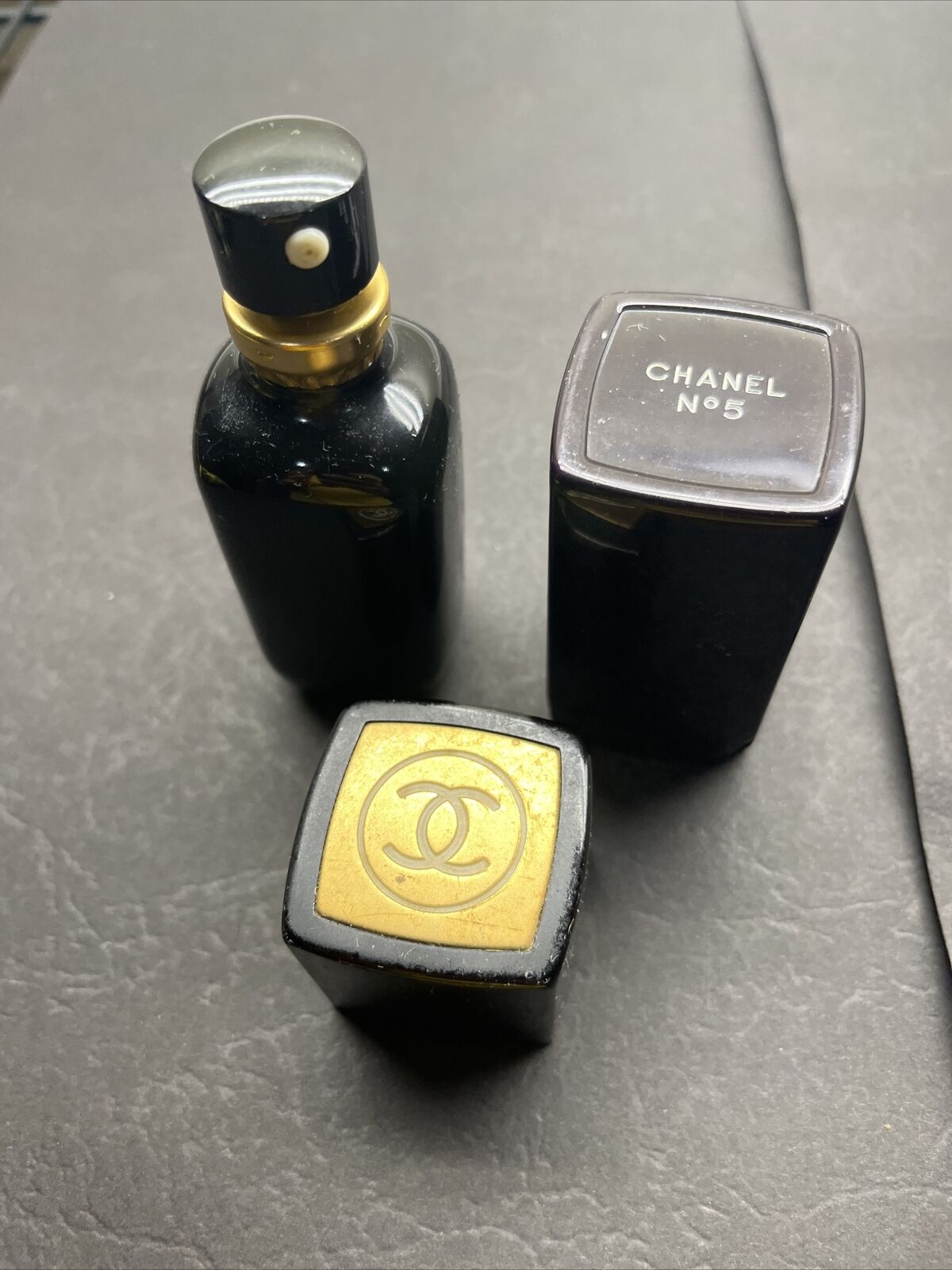 antique chanel no 5 perfume 50% Full Very Old Original, Metal Case, Dark Bottle