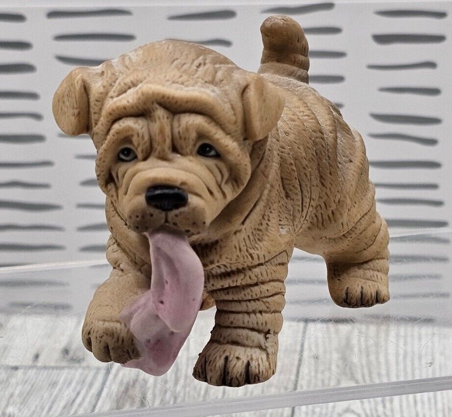 Shar Pei Carrying Pink Blanket In Mouth Ceramic Figurine By Puppy Pals HJ&G
