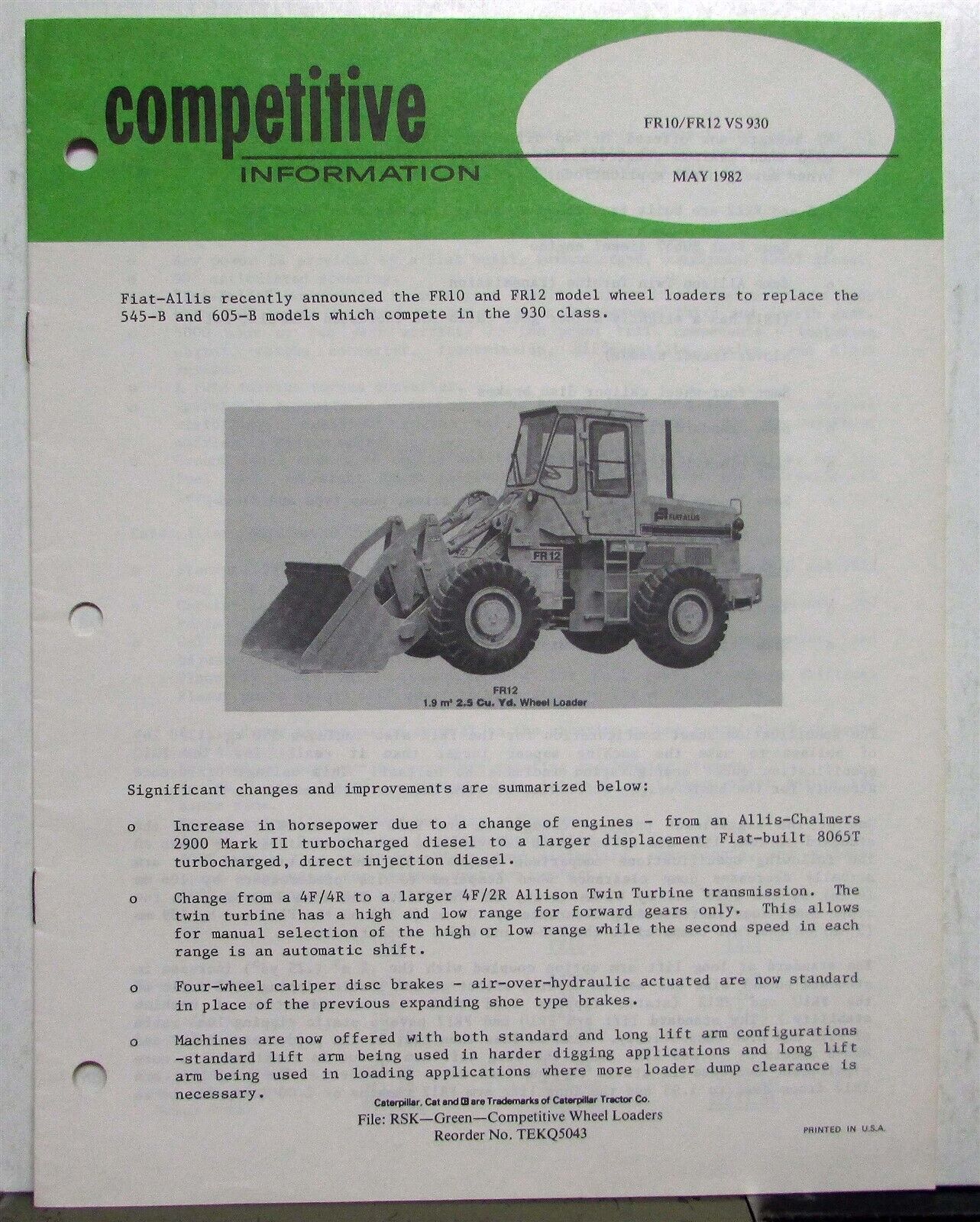 1982 Caterpillar Wheel Loader Fiat Allis Specs Construction Competitive Info
