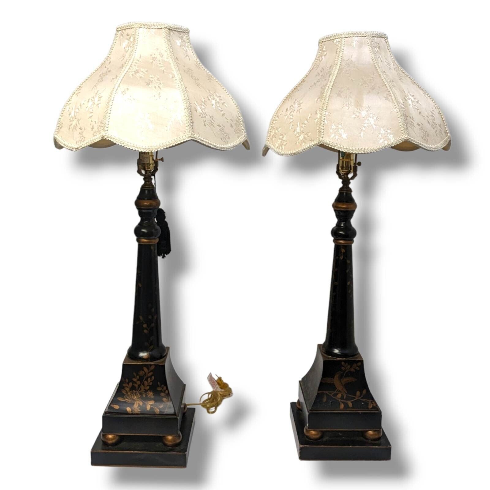 Pair Of Wooden Neoclassical Empire Lamps With Antique Shades Queen Anne Style