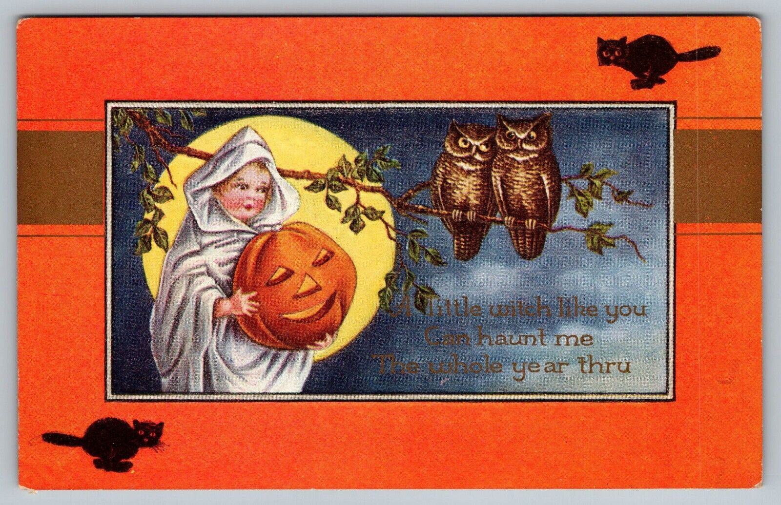 Postcard Whitney Halloween Girl White Robe Holding JOL In Moonlight Twin Owls