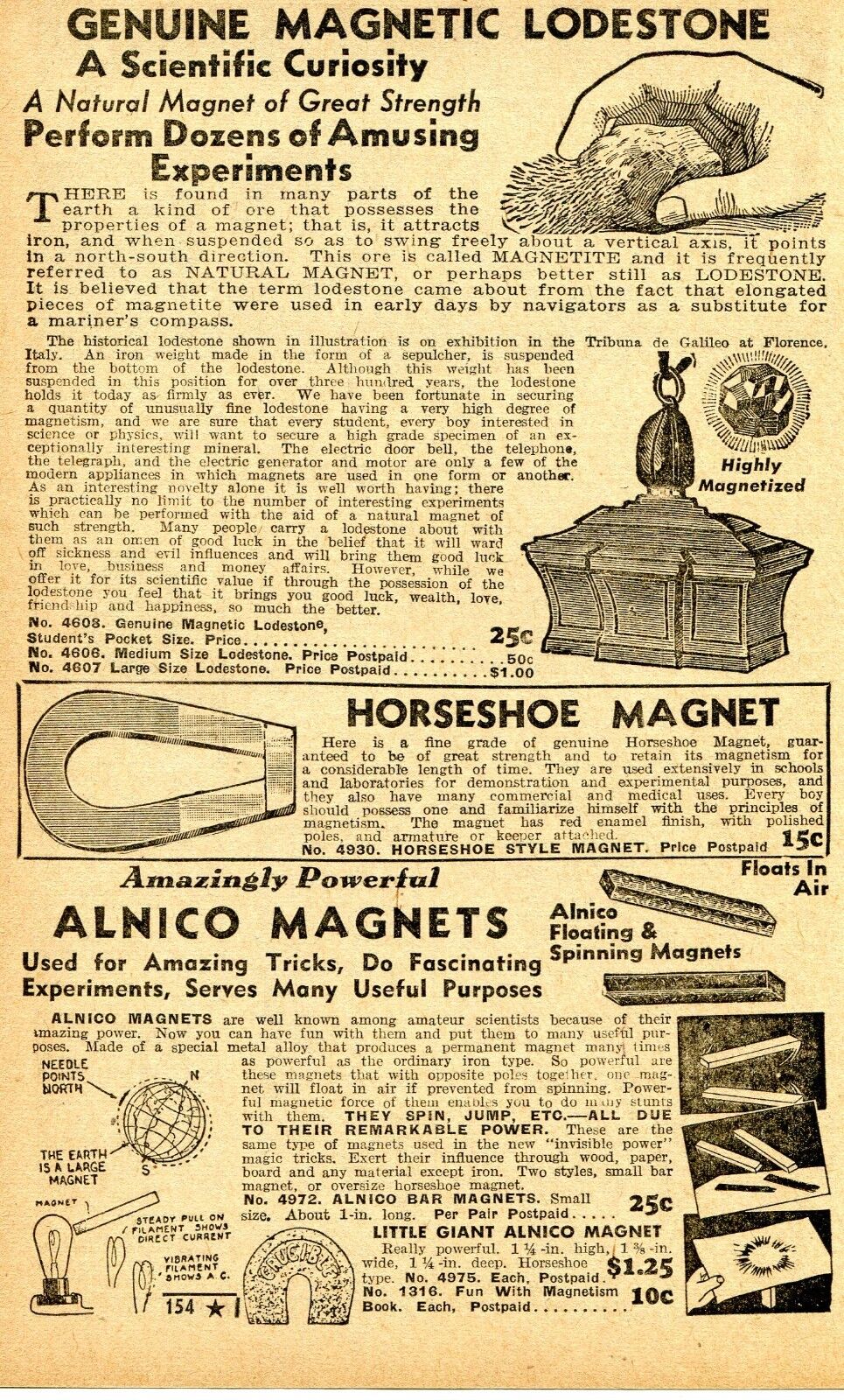 1950 small Print Ad of Alnico Magnets, Horseshoe Magnet & Magnetic Lodestone