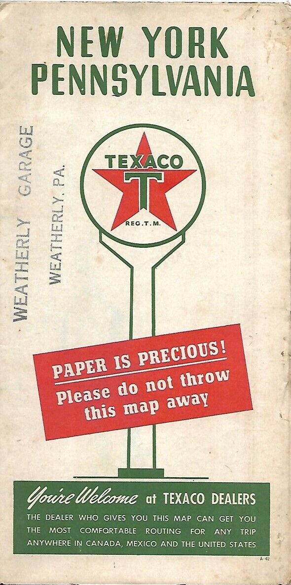 1942 TEXACO GAS Wartime Message Paper is Precious Road Map NEW YORK PENNSYLVANIA