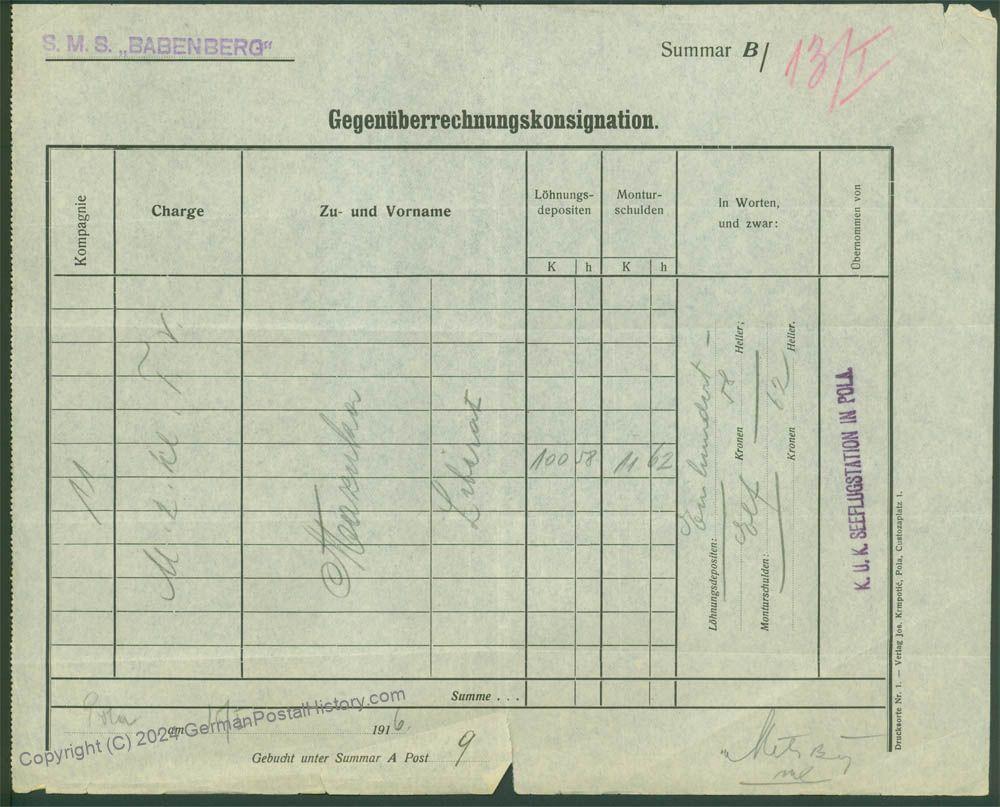 Austria WWI KuK Navy SMS Babenberg Document 44291