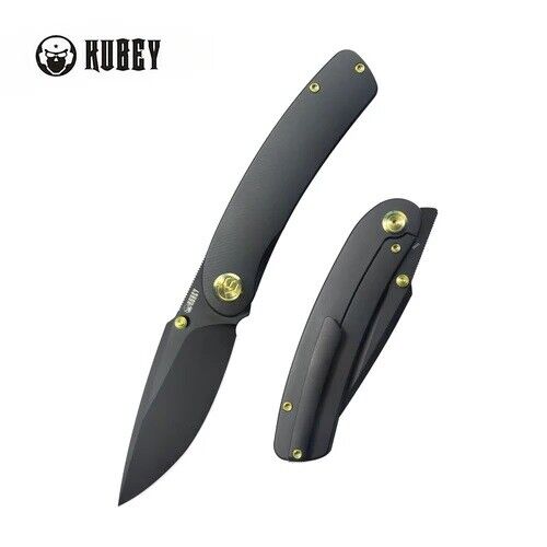 Kubey Momentum Folding Knife Black Ti Handle M390 Plain Edge Blackwash KB386B