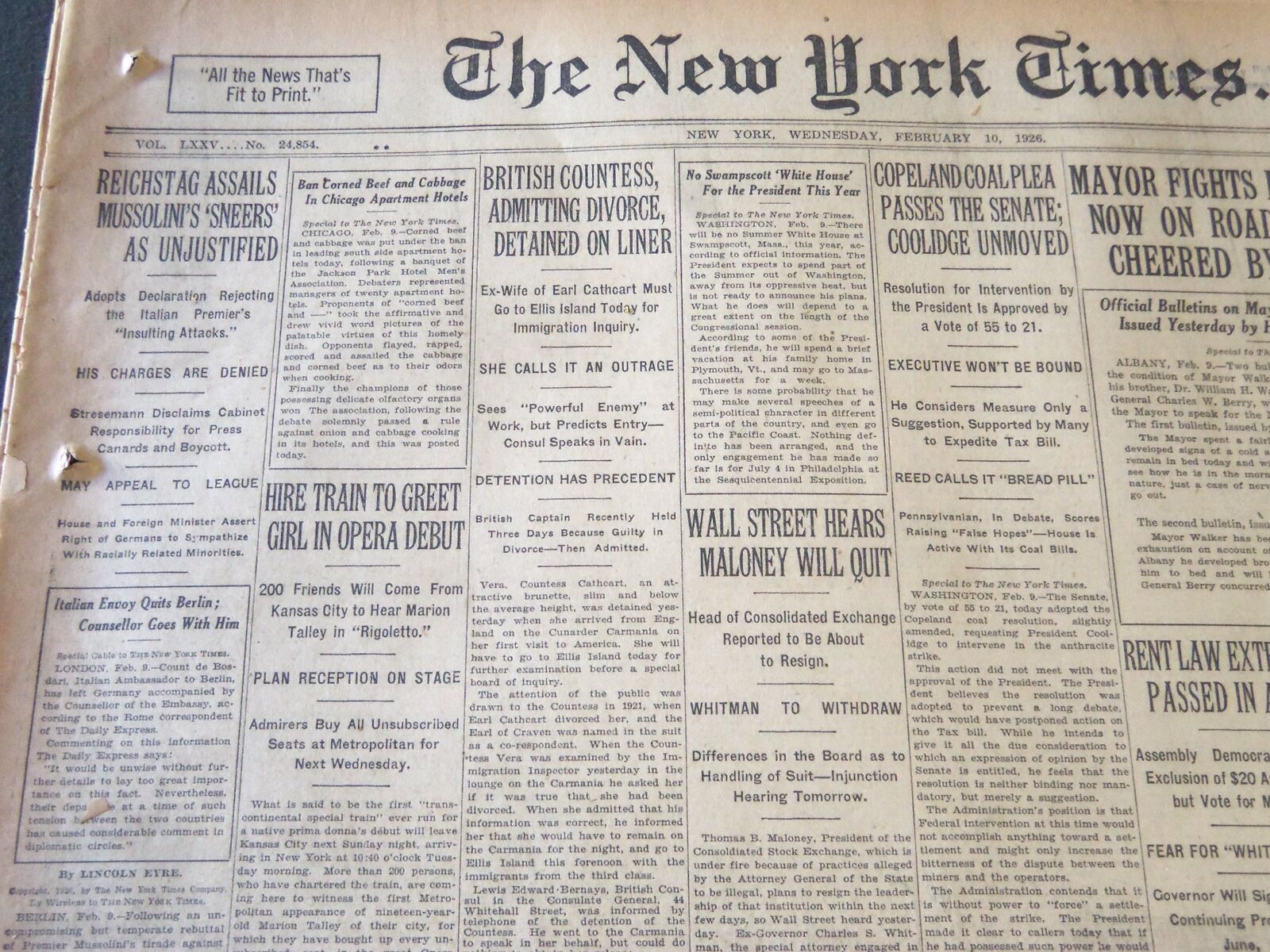 1926 FEBRUARY 10 NEW YORK TIMES - REICHSTAG ASSAILS MUSSOLINI'S SNEERS - NT 6607