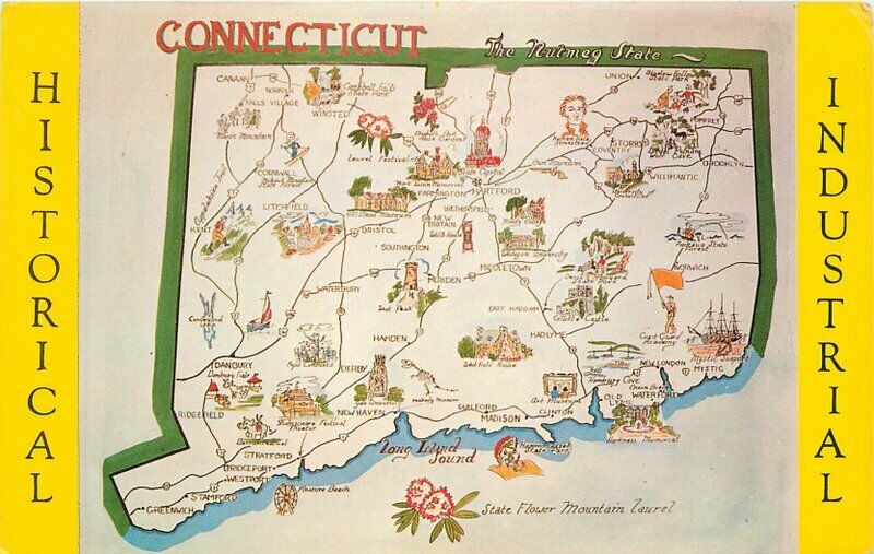 Connecticut Historical Industrial 1950s Map Postcard Dexter Natco 22-1231