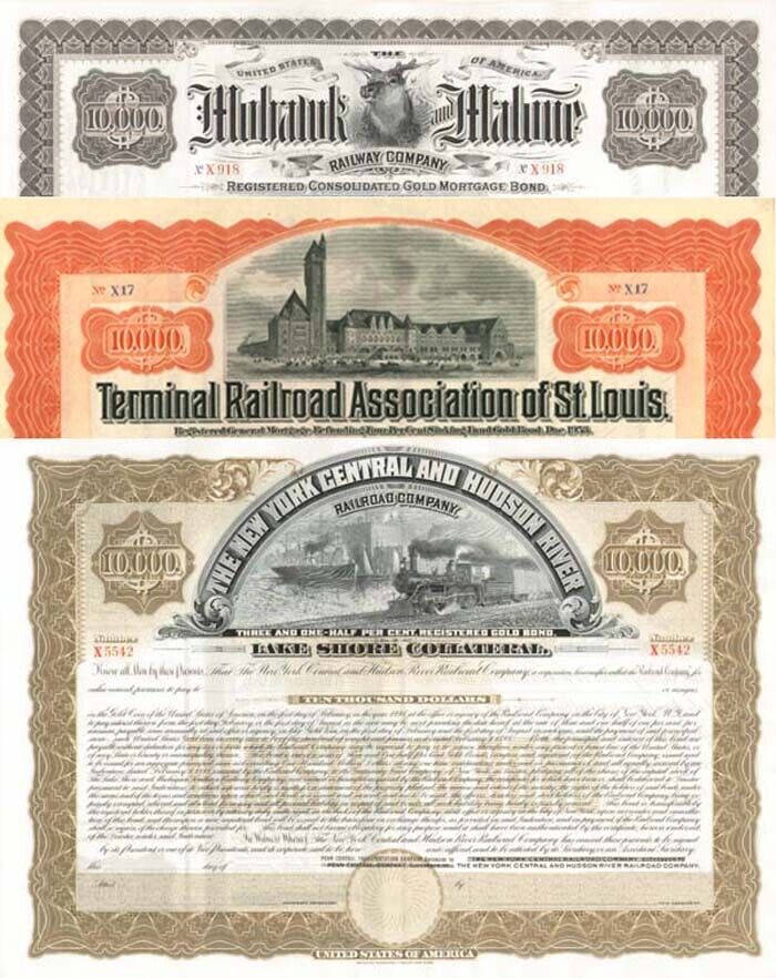 Group of three $10,000 Railroad Bonds - Railroad Bonds