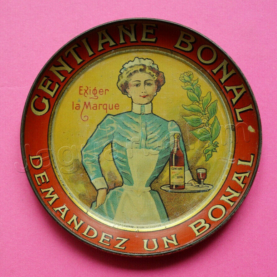 French Pre Pro Tip Tin Tray Liqueur Centiane Bonal Waitress C. 1900s RARE