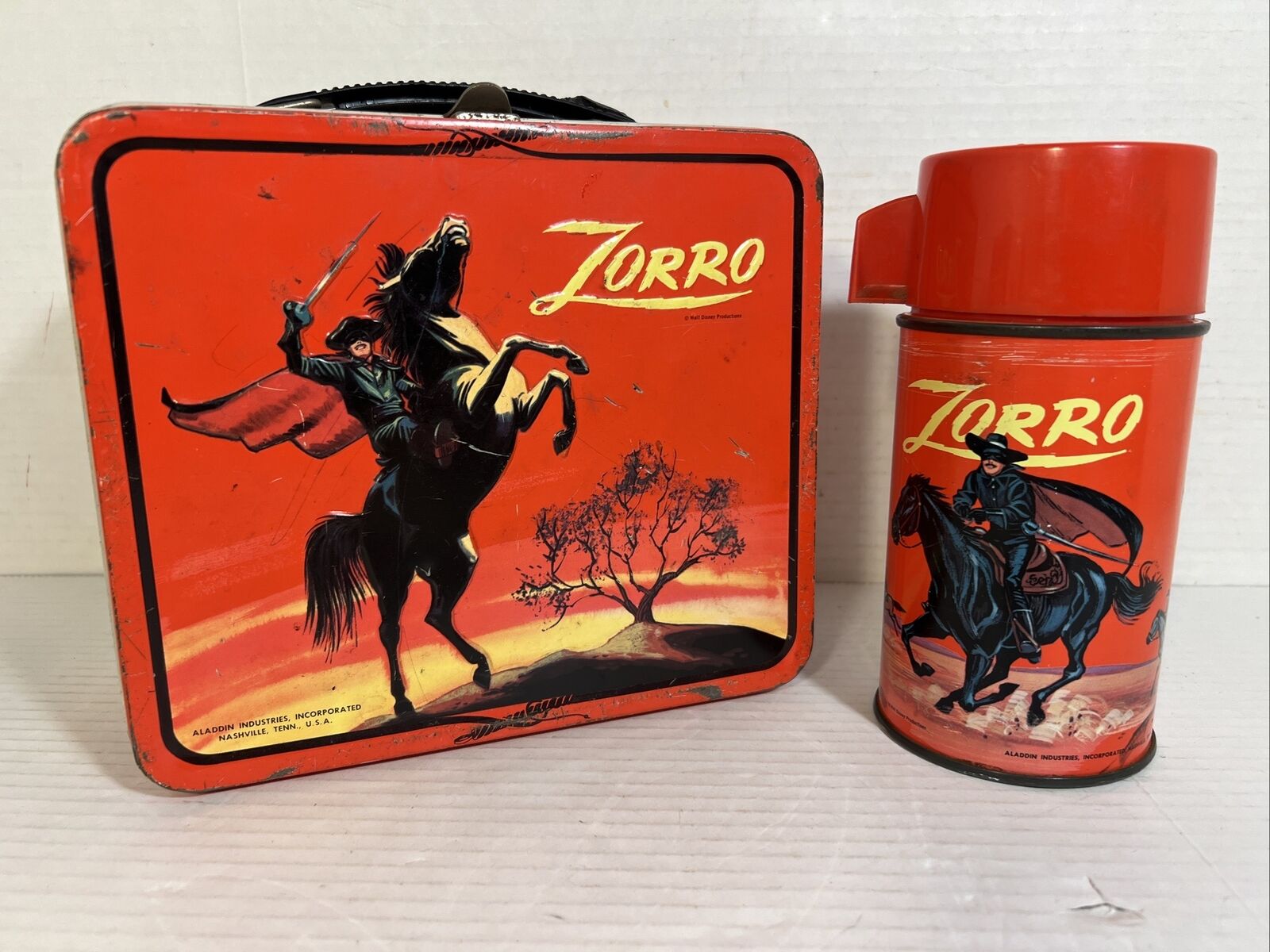 Vintage 1966 Disney Zorro Red Lunchbox By Aladdin Industries with Thermos