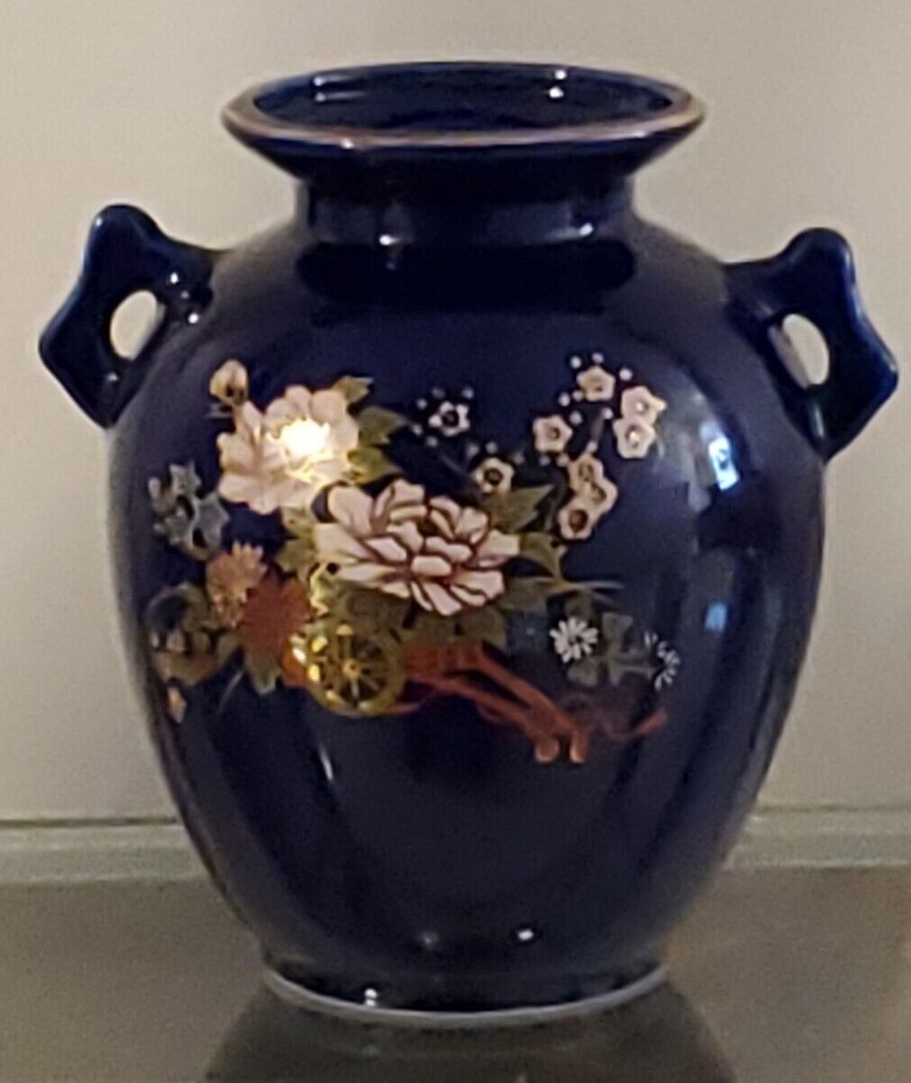 Lovely Antique /Vintage Cobalt Blue Ceramic Vase  Handmade Painted Flowers  5 \