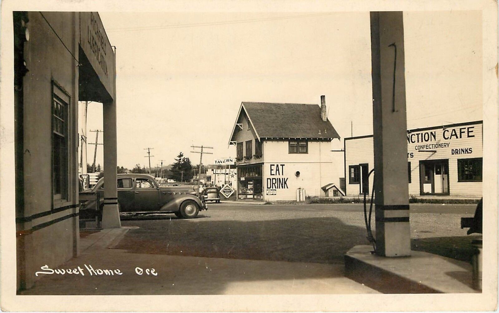 c1940 RPPC Postcard Street Scene, Sweet Home OR Linn County Cool Cars, Cafe