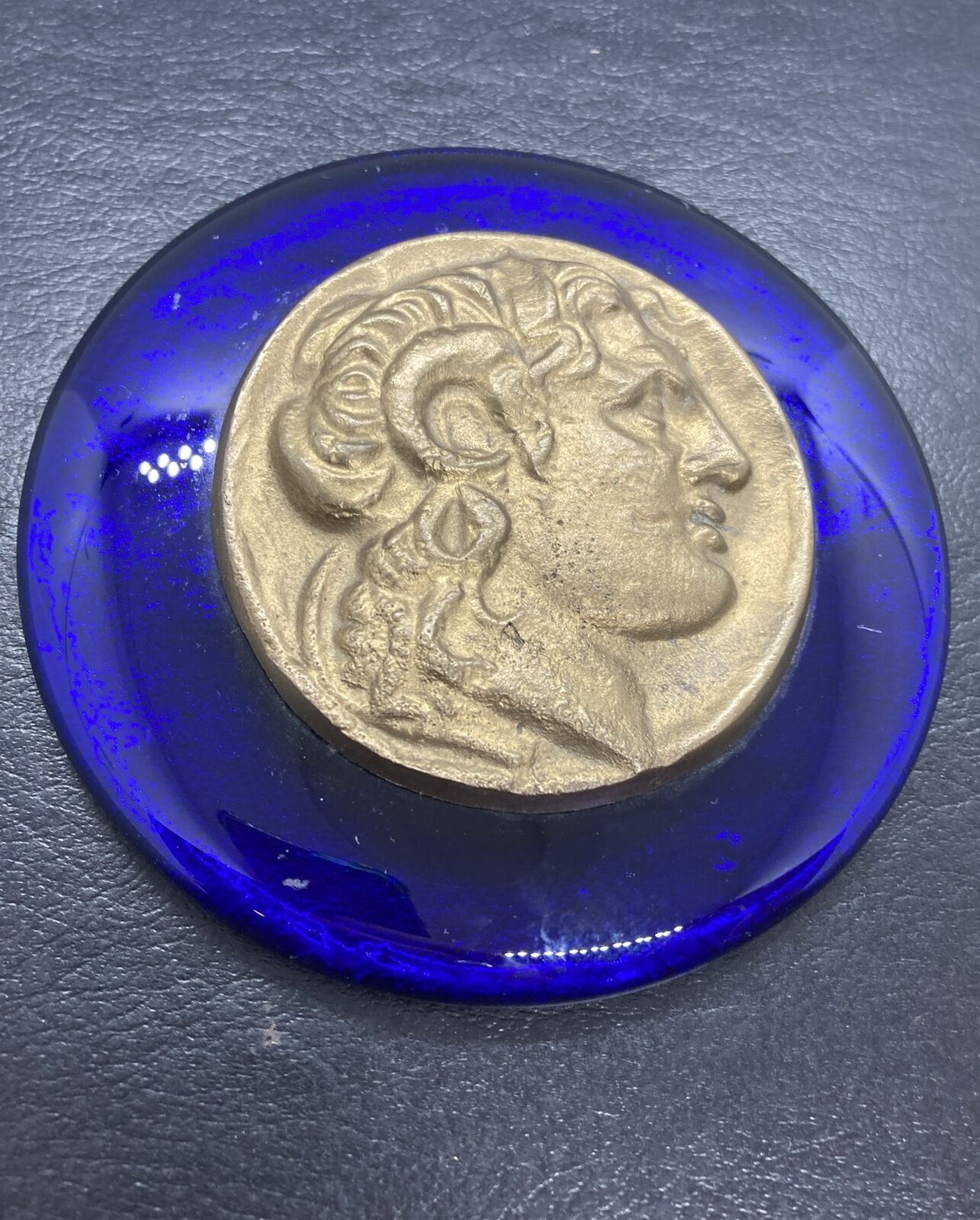 Greece Brass Faux  Coin Alexander the Great Blue Glass Paperweight