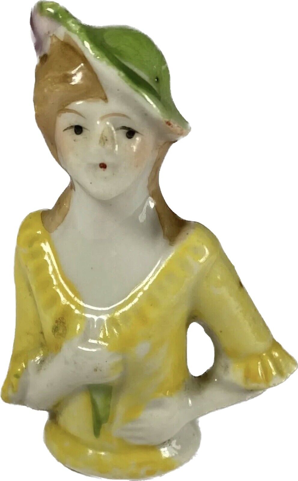 Vintage Antique Porcelain HALF DOLL – Roaring 1920’s Woman in Yellow, JAPAN 