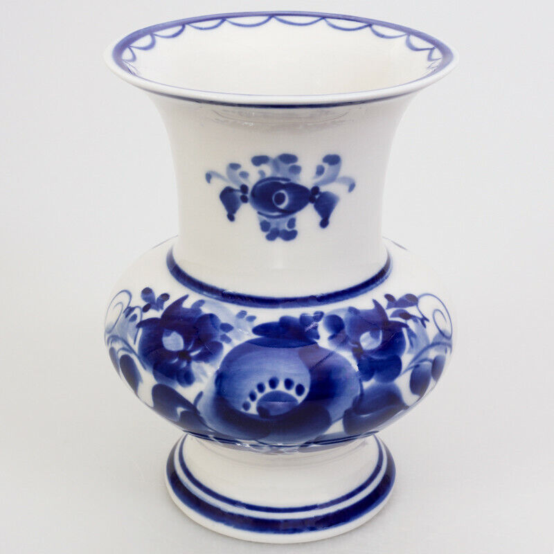5-inch Gzhel PORCELAIN VASE, Russian Handmade Small Blue Ceramic Napkin, Flowers