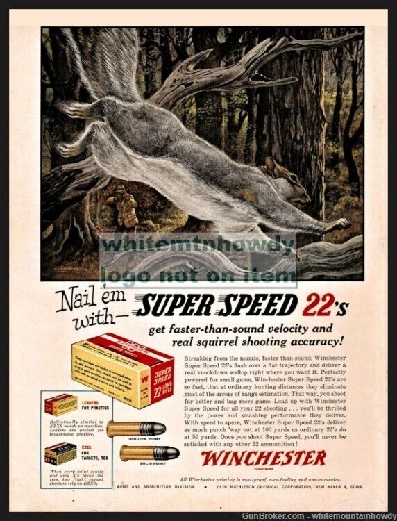 1955 WINCHESTER Super Speed .22 Ammunition Bullets PRINT AD Squirrel Hunting