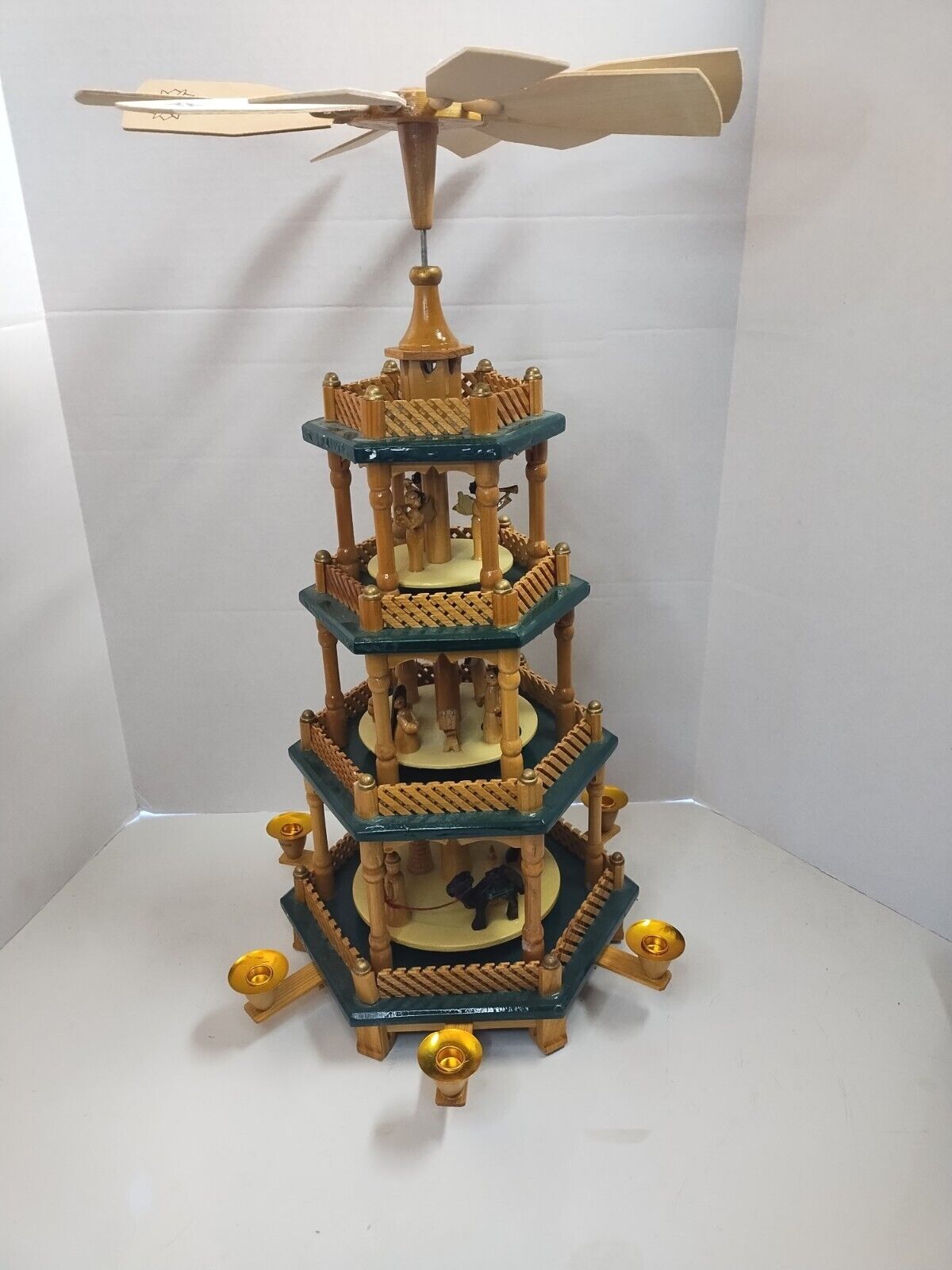 Vintage Christmas 3 Tier Pyramid Wooden Nativity Candle Windmill Carousel German