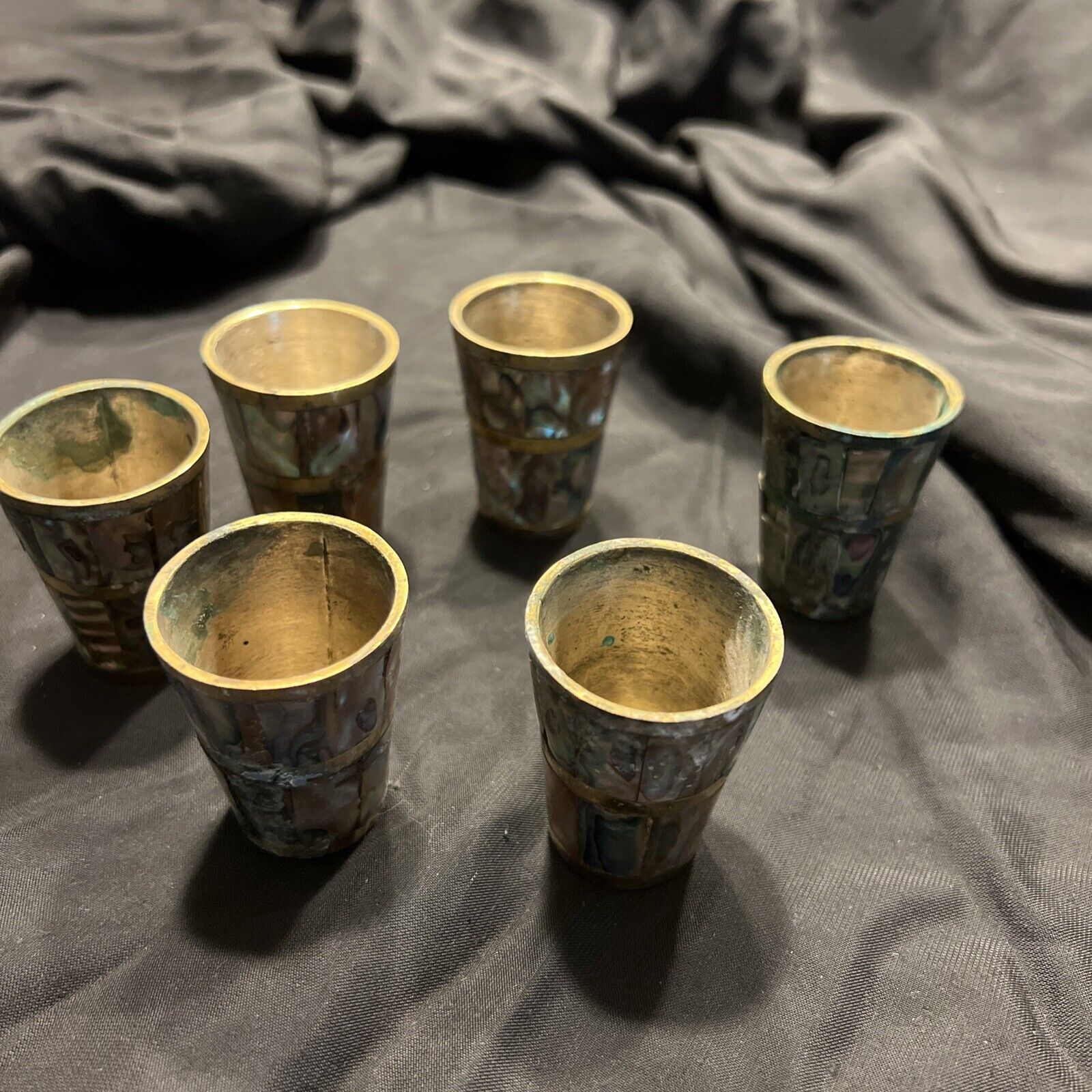6 Antique Japanese Brass With Mother Of Pearl Inlay Saki Aperitif Wine Cups