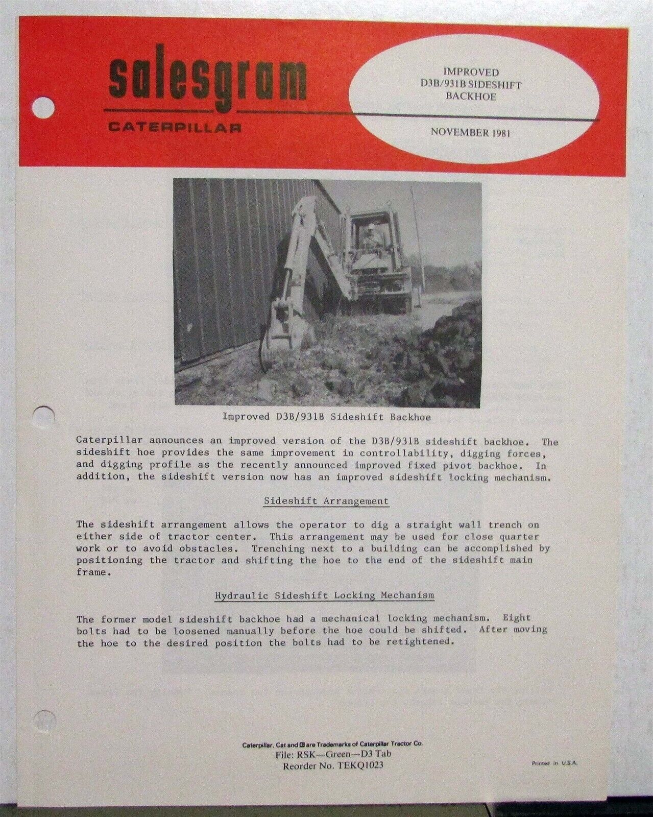 1982 Caterpillar Improved D3B 931B Sideshift Backhoe Construction Salesgram