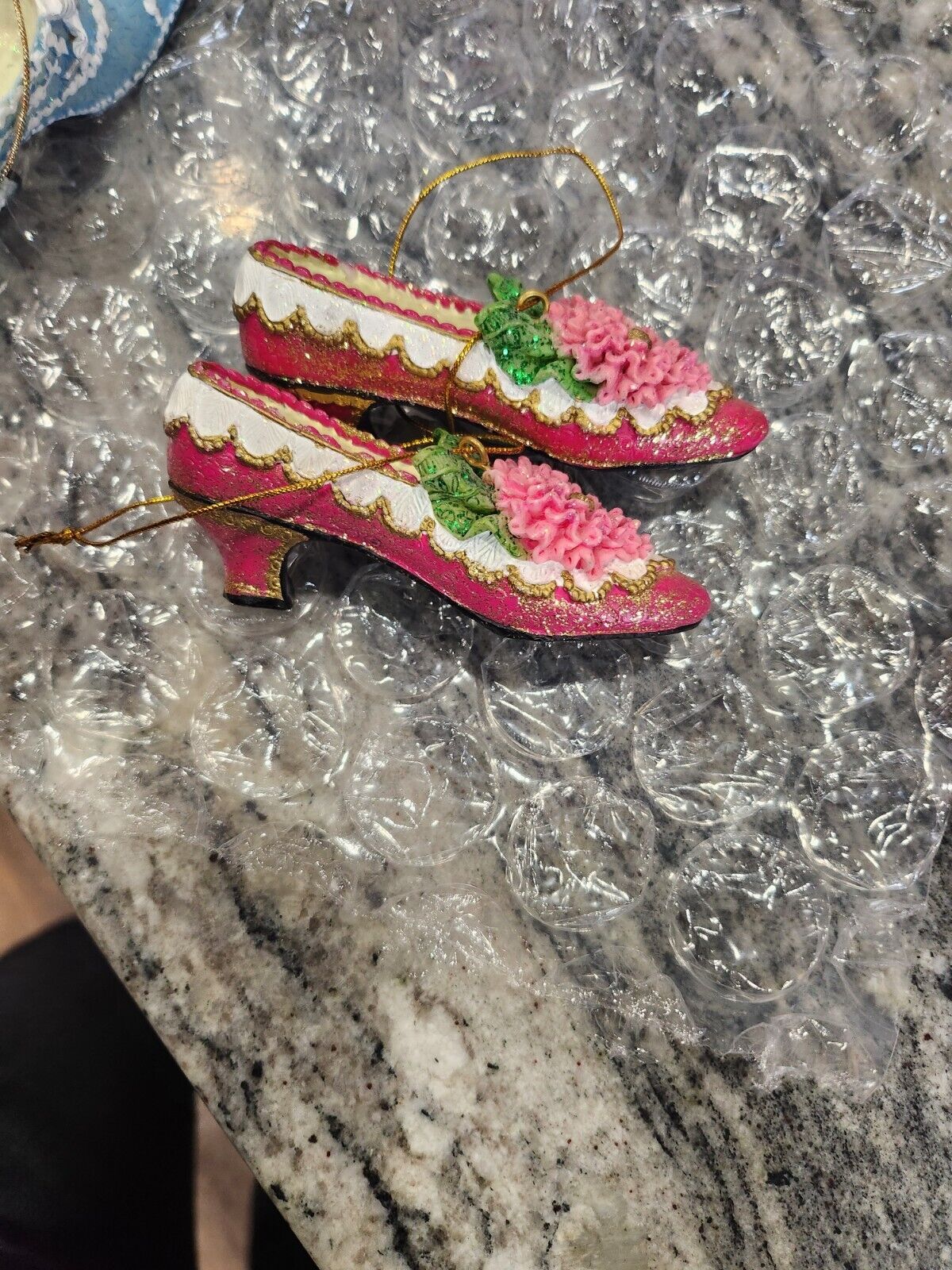 Victorian Highheel  Shoes Christmas Ordiments Pink With Flowers On Toes