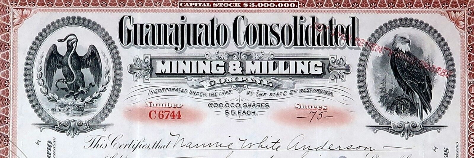 1926 Antique Guanajuato Consolidated Mining & Milling Company 75 Shares Stock