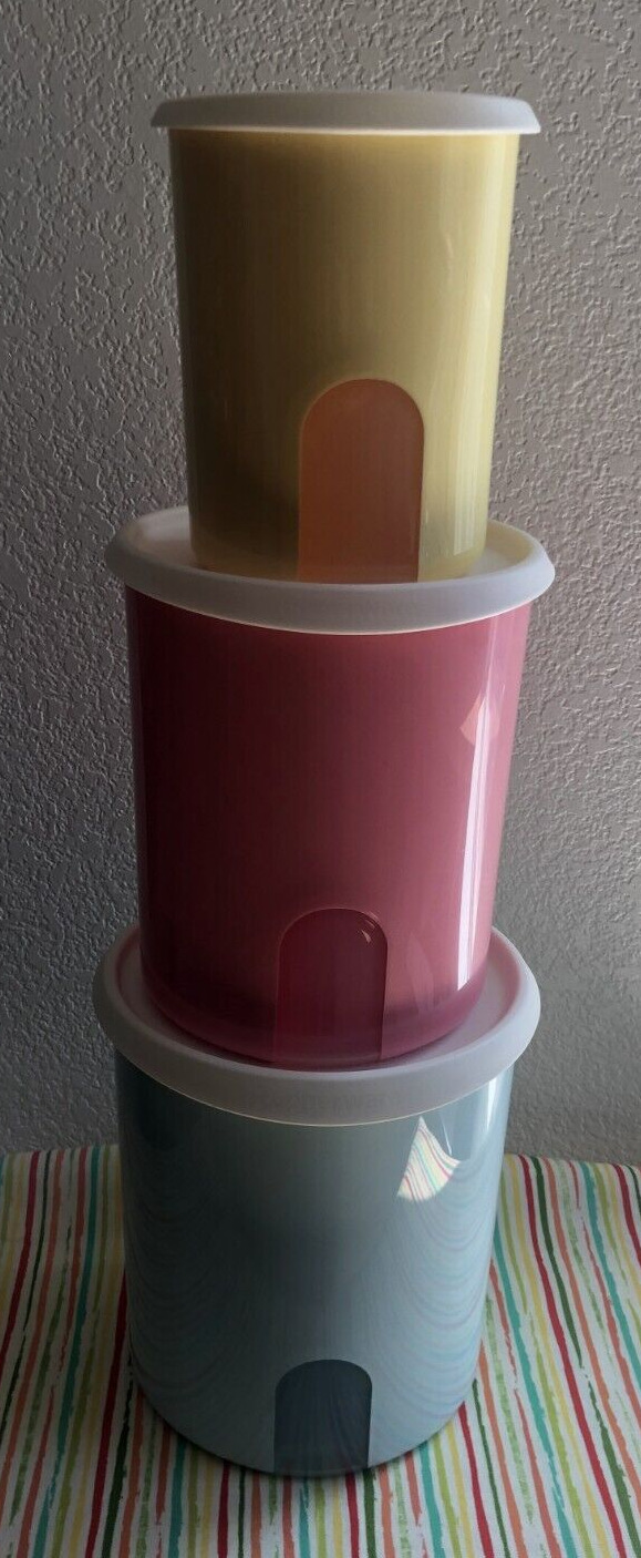 Tupperware One Touch Canisters w/ Window Set of 3 Mint, Pink, Yellow New
