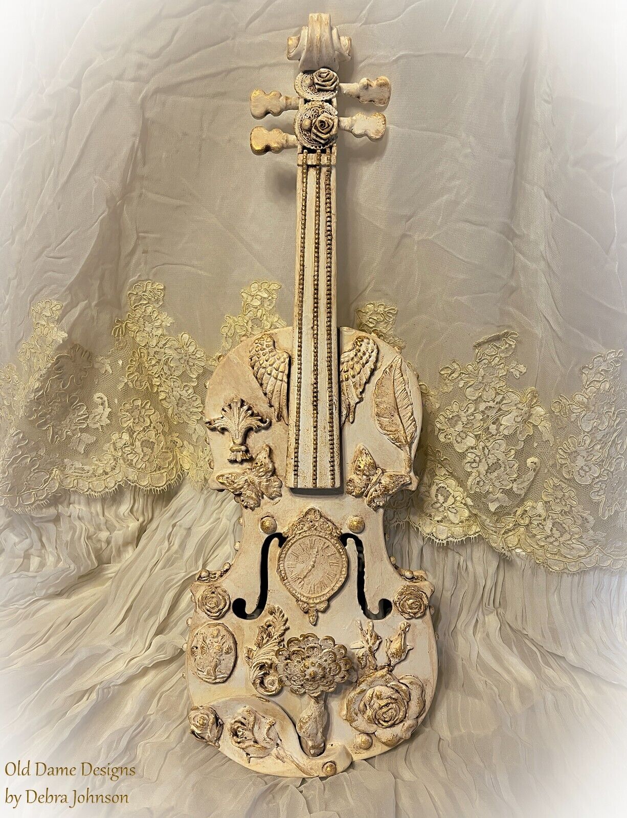 Shabby Chic Embellished French Violin * Home Decor * Vintage * Mixed Media Art *