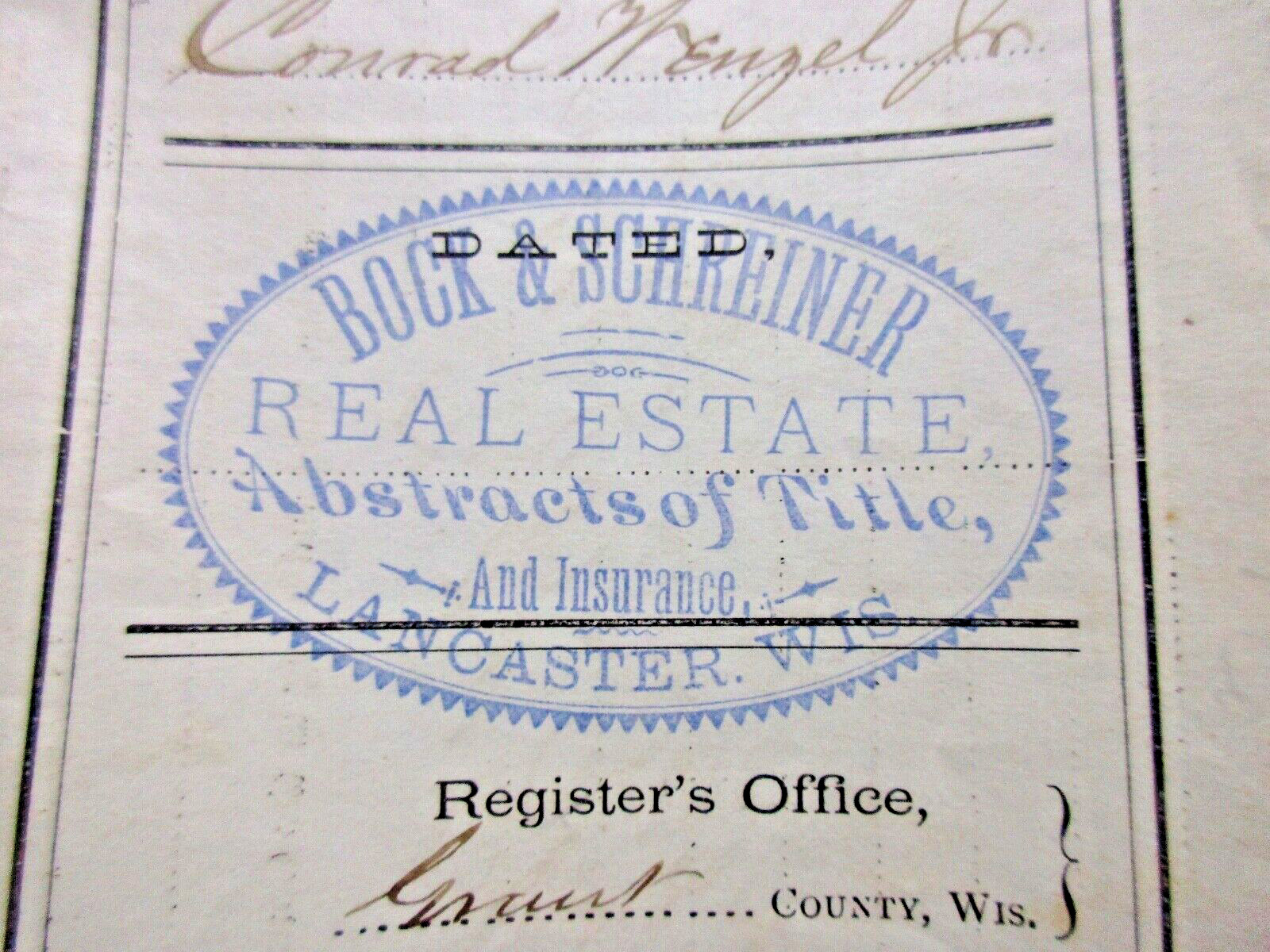 1882 LANCASTER WISCONSIN WARRANTY DEED WENZEL BOCK& SCHRIENER & MISSOURRI STAMP 