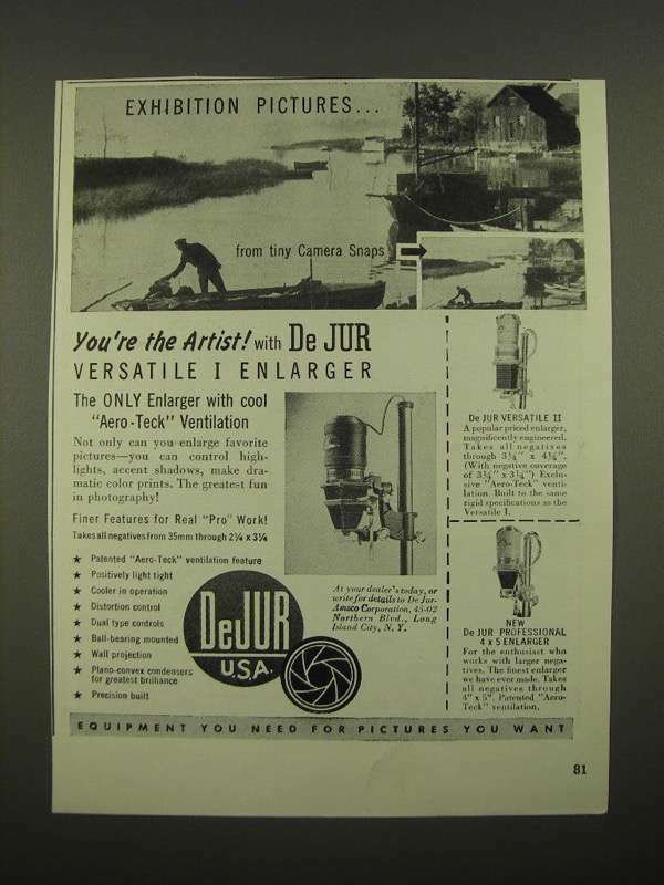 1947 DeJur Versatile I Enlarger Ad - Exhibition Pictures