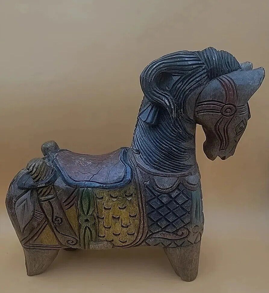 Antique Large Wooden Carved Trojan Horse Statue Folk Art 18\