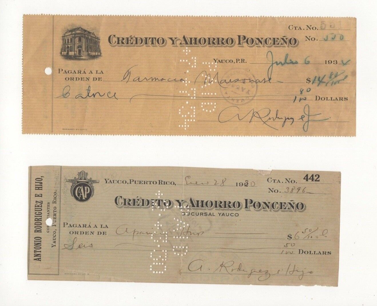 ANTIQUE BANK CHECK (2)  / BORINQUEN BISCUIT CO. /  YAUCO PUERTO RICO 1930 & 1934