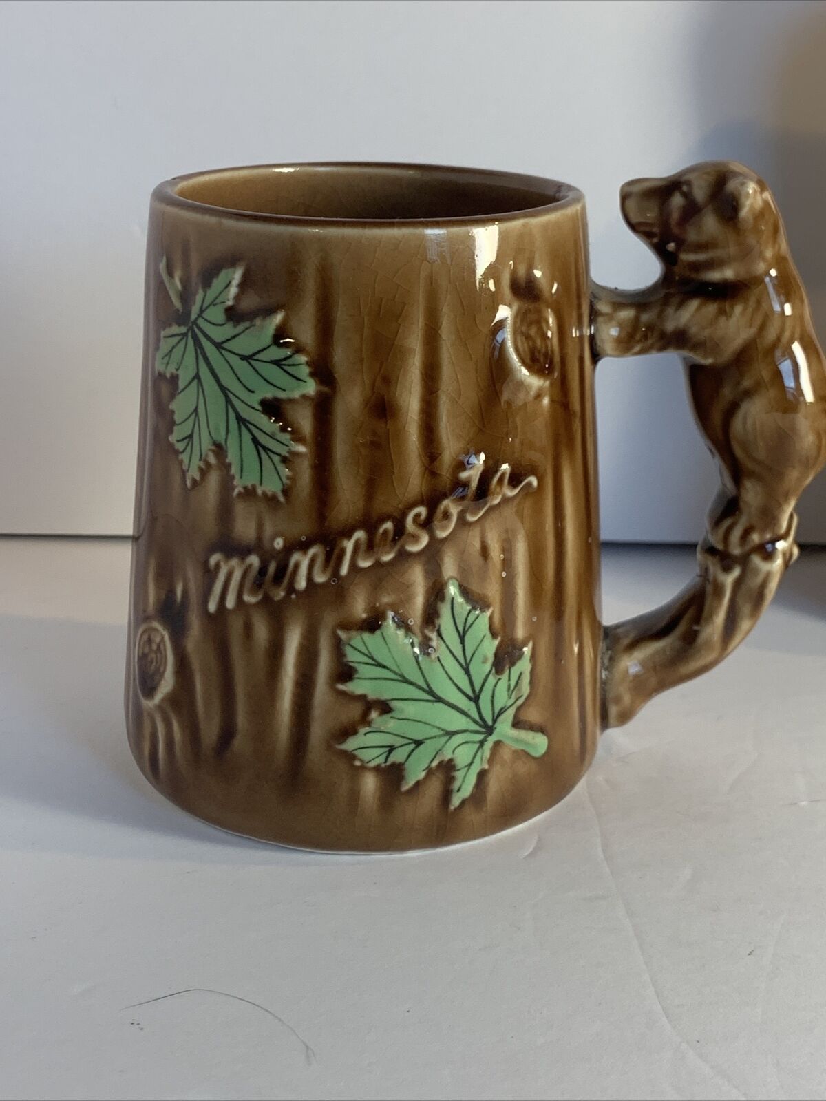 Vtg Figural Bear Tree Trunk Minnesota Mug Stein Maple Leaf Ceramic