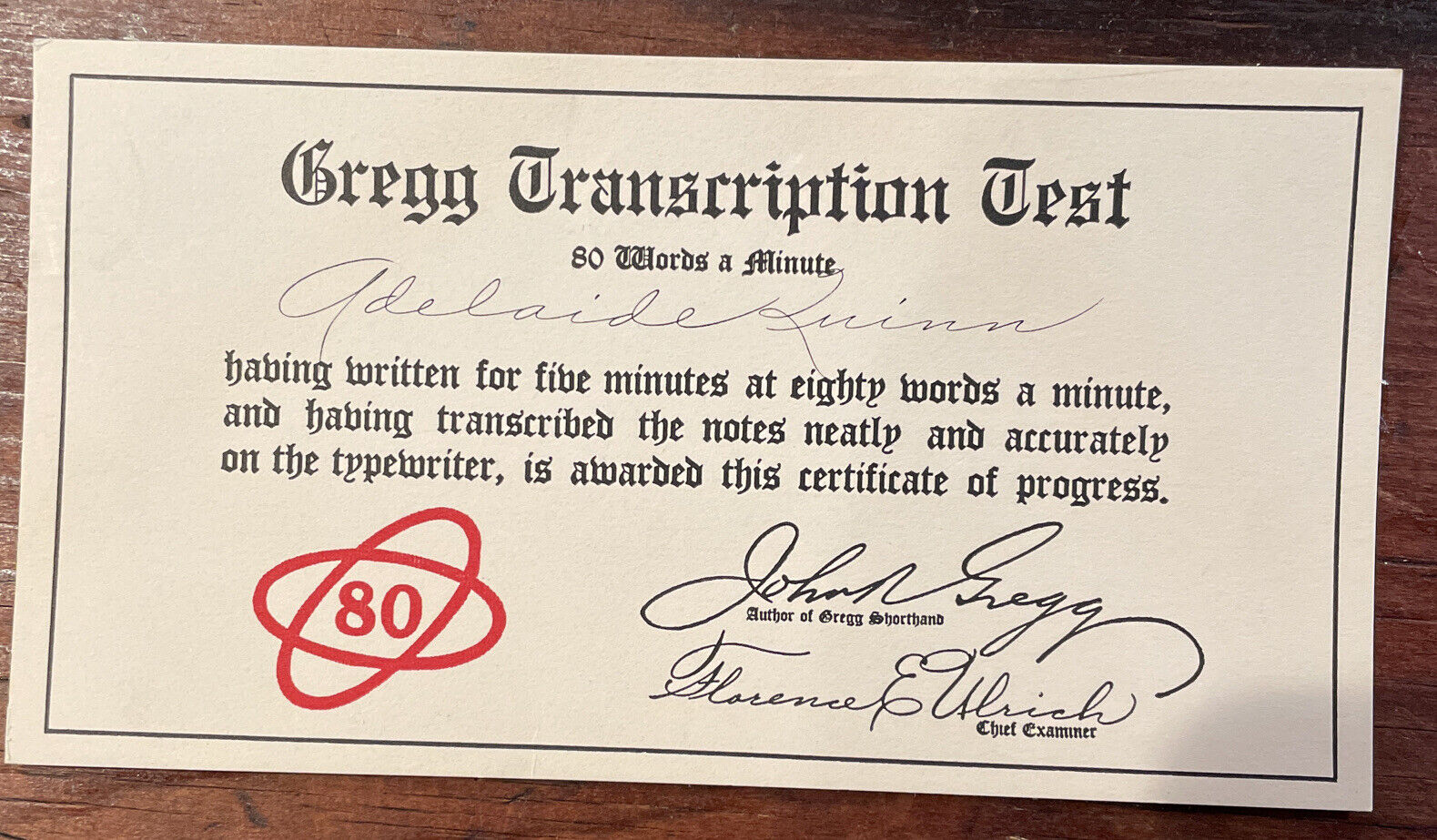 Vintage Gregg Shorthand Speed Certificate 1938