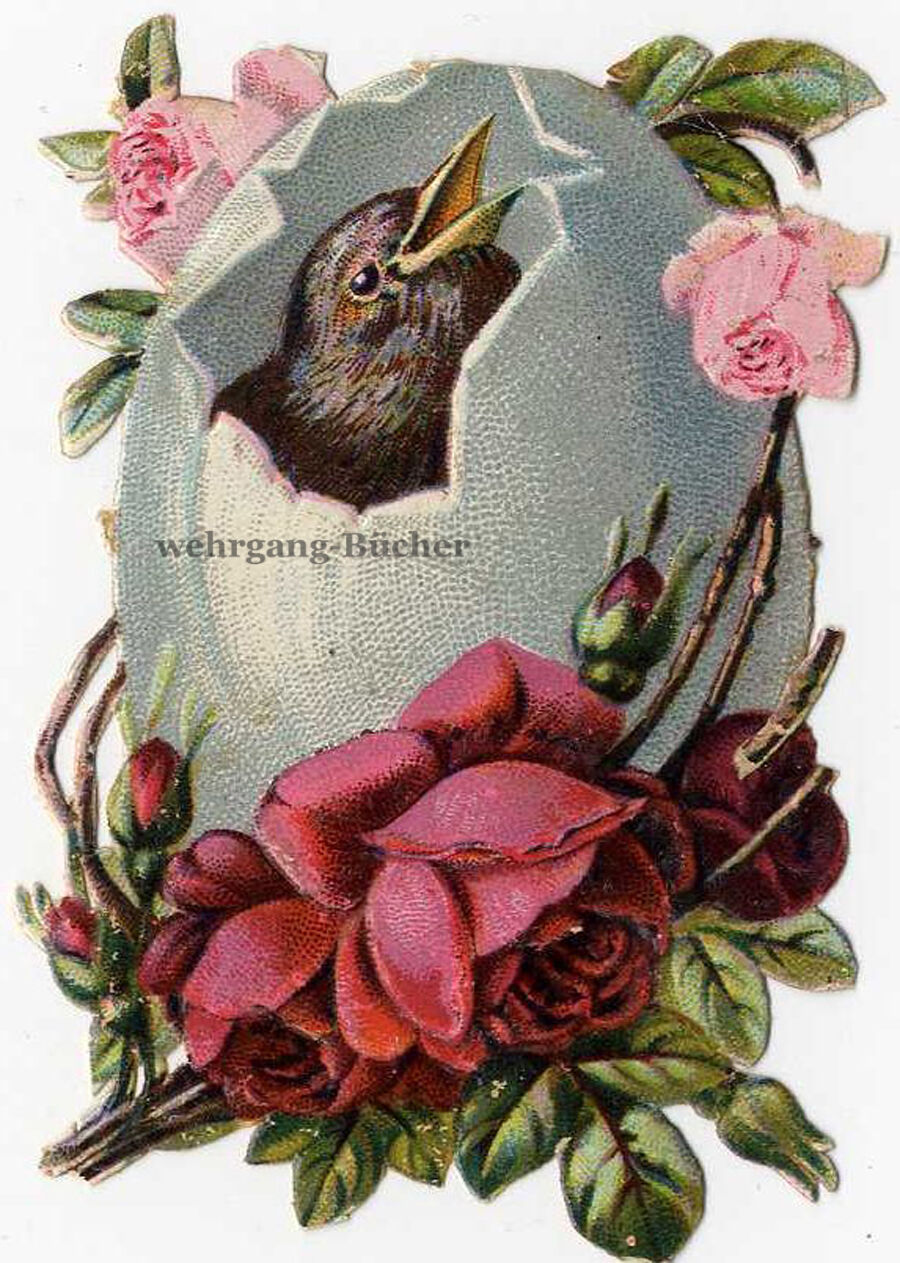 Vintage Victorian die cut paper scrap, Easter egg with bird from ca. 1880