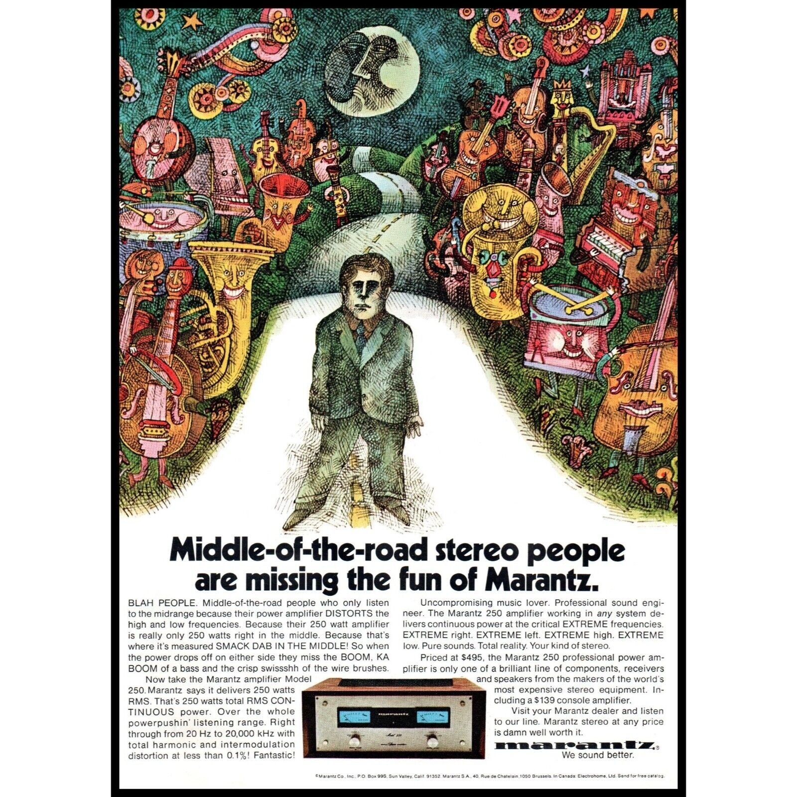 1971 Marantz 250 Amplifier Vintage Print Ad Audiophile Cartoon Stereo Wall Art