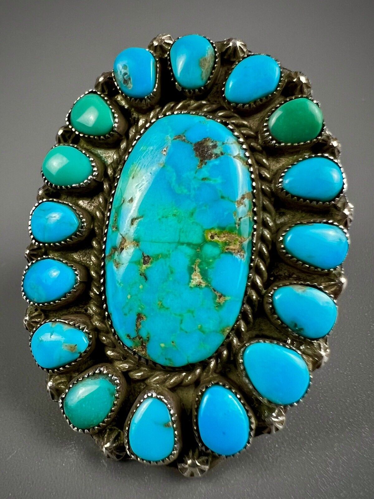 HUGE Vintage Zuni Sterling Silver Natural Turquoise Cluster Ring OMG