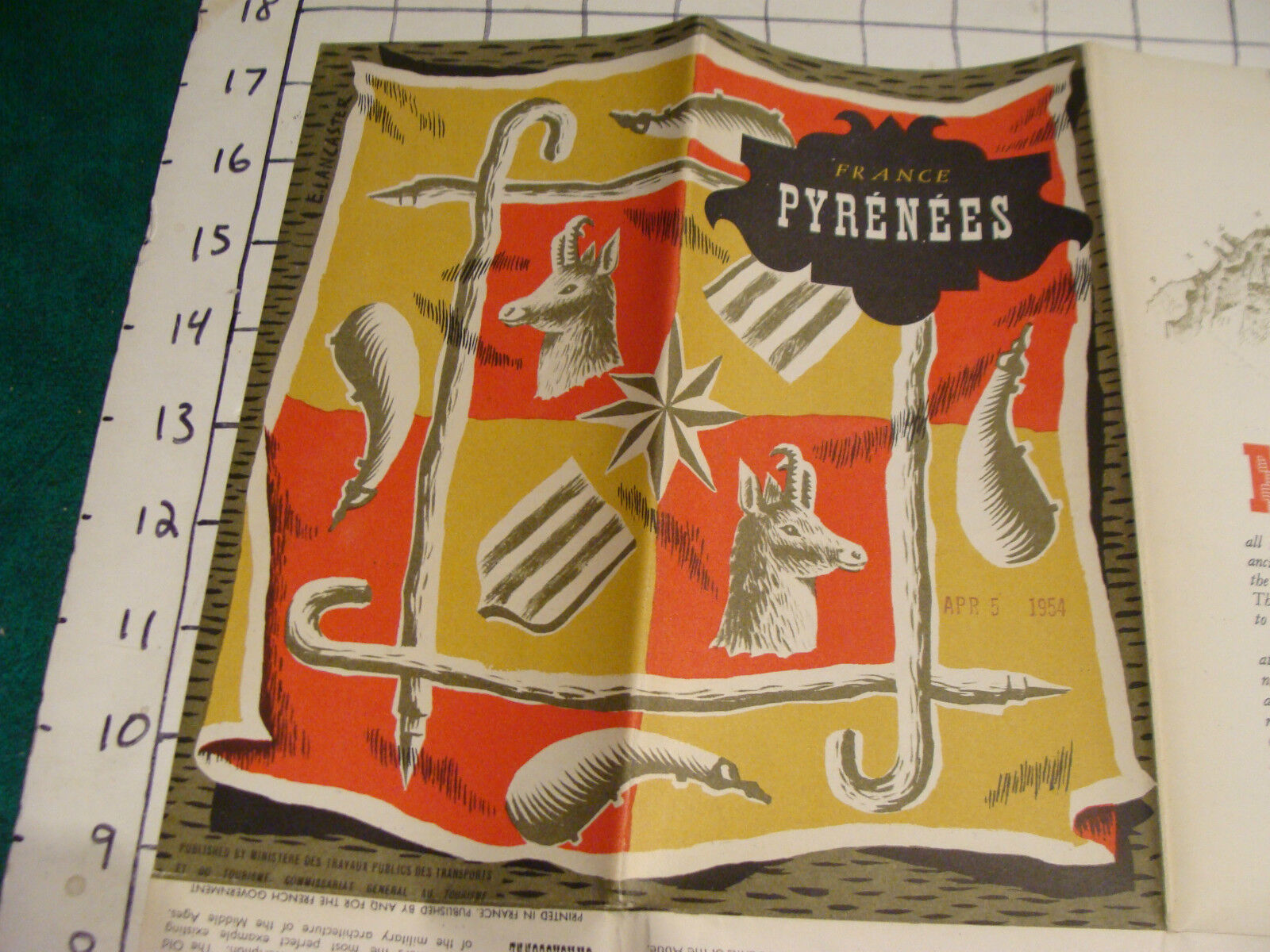  GREAT VINTAGE  brochure: 1954 FRANCE PYRENEES w map, cover art by E. LANCASTER