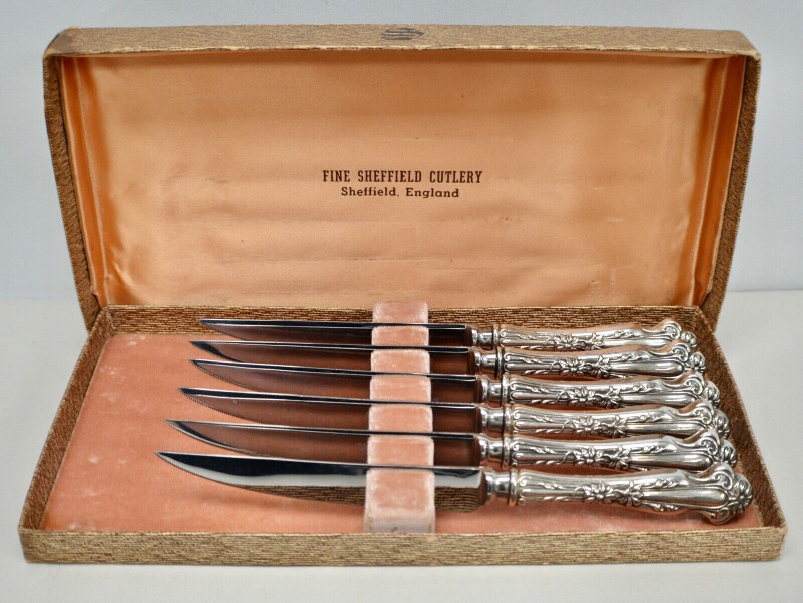 Vintage Fine Sheffield Cutlery Sterling Handle Steak Knives w/ Original Box
