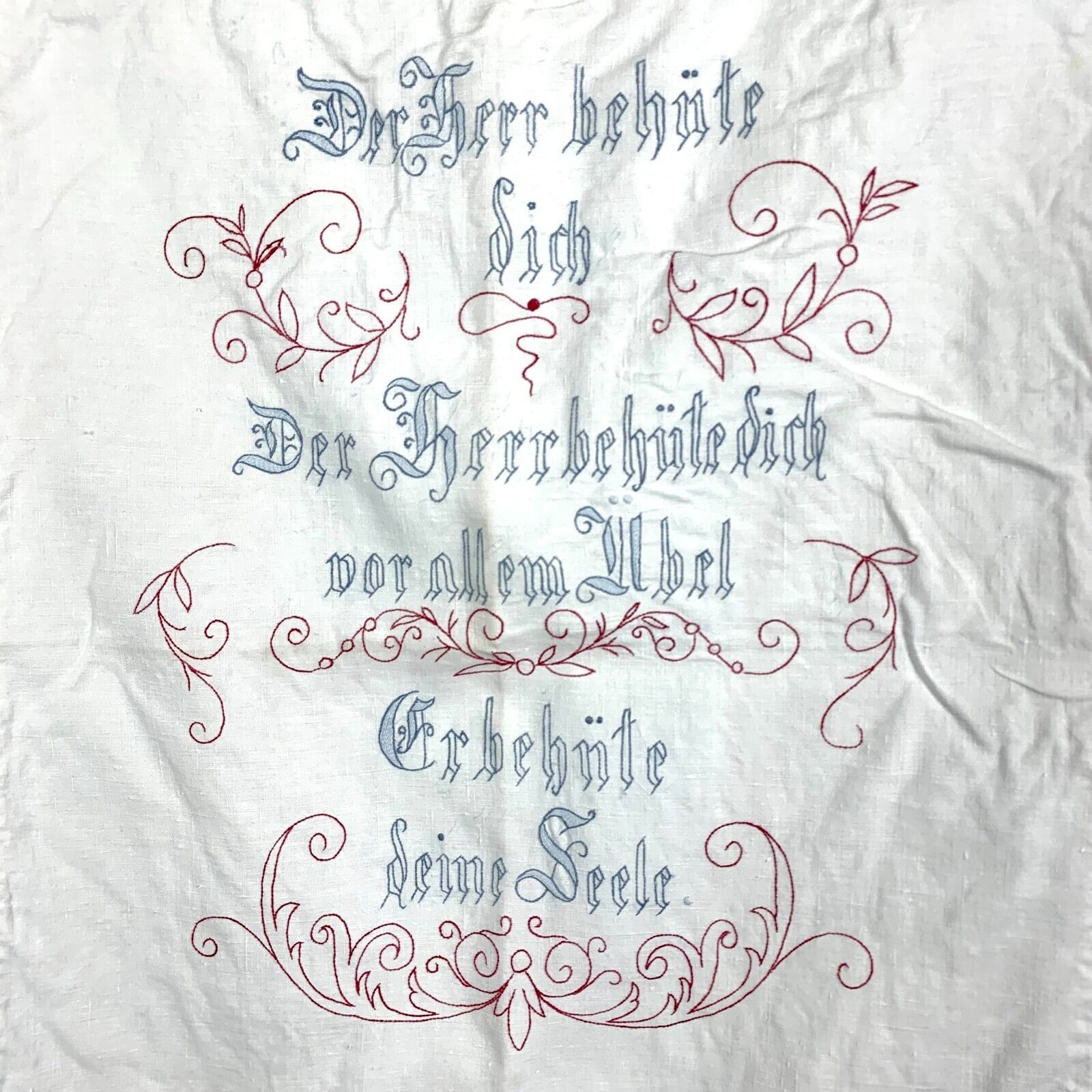 Antique Victorian Embroidery on White Linen Pillow Cover Lord Protect in German
