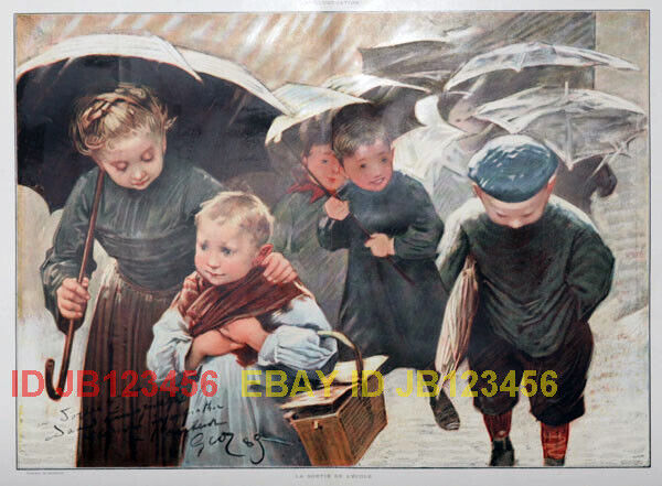 Brother & Sister Leaving School Rain, HUGE Antique Color 1890s Folio-Sized Print