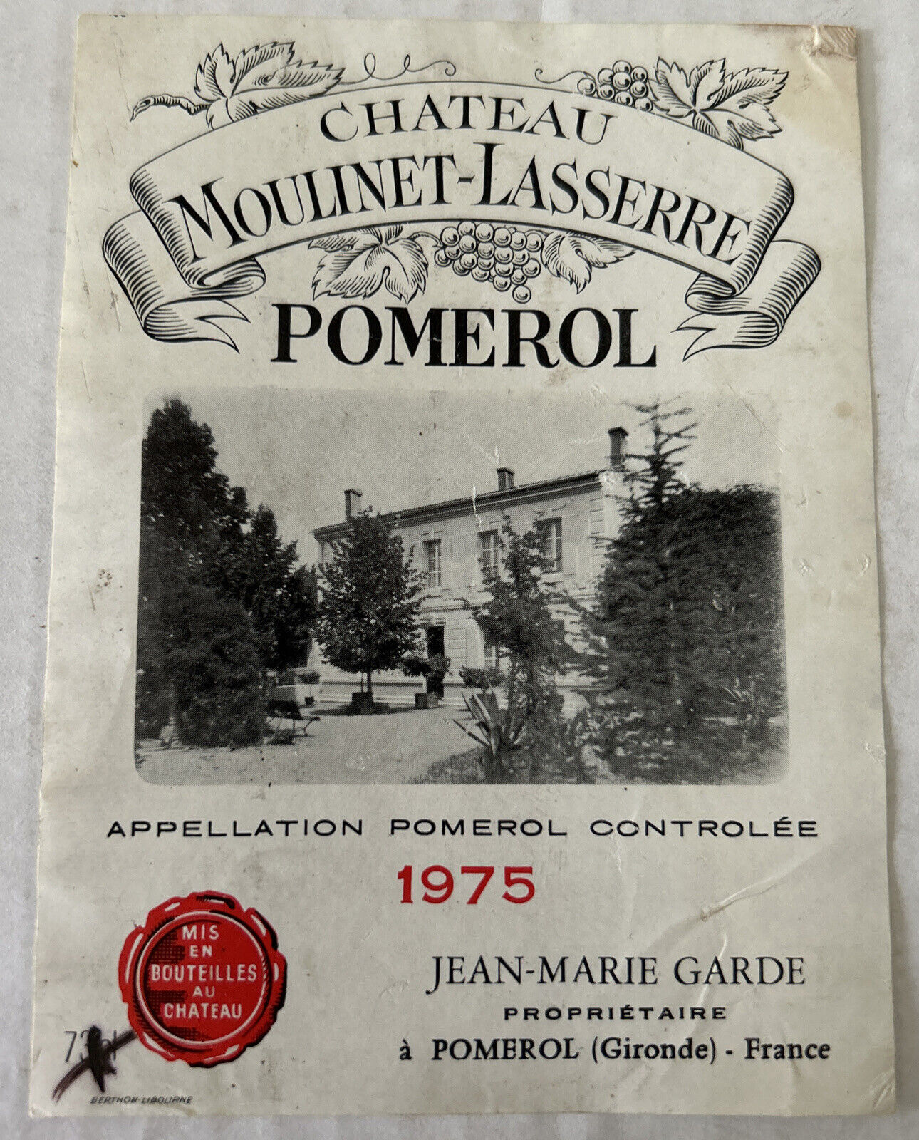 Chateau Moulinet-Lasserre Pomerol 1975 Vintage Wine Bottle Label Ephemera