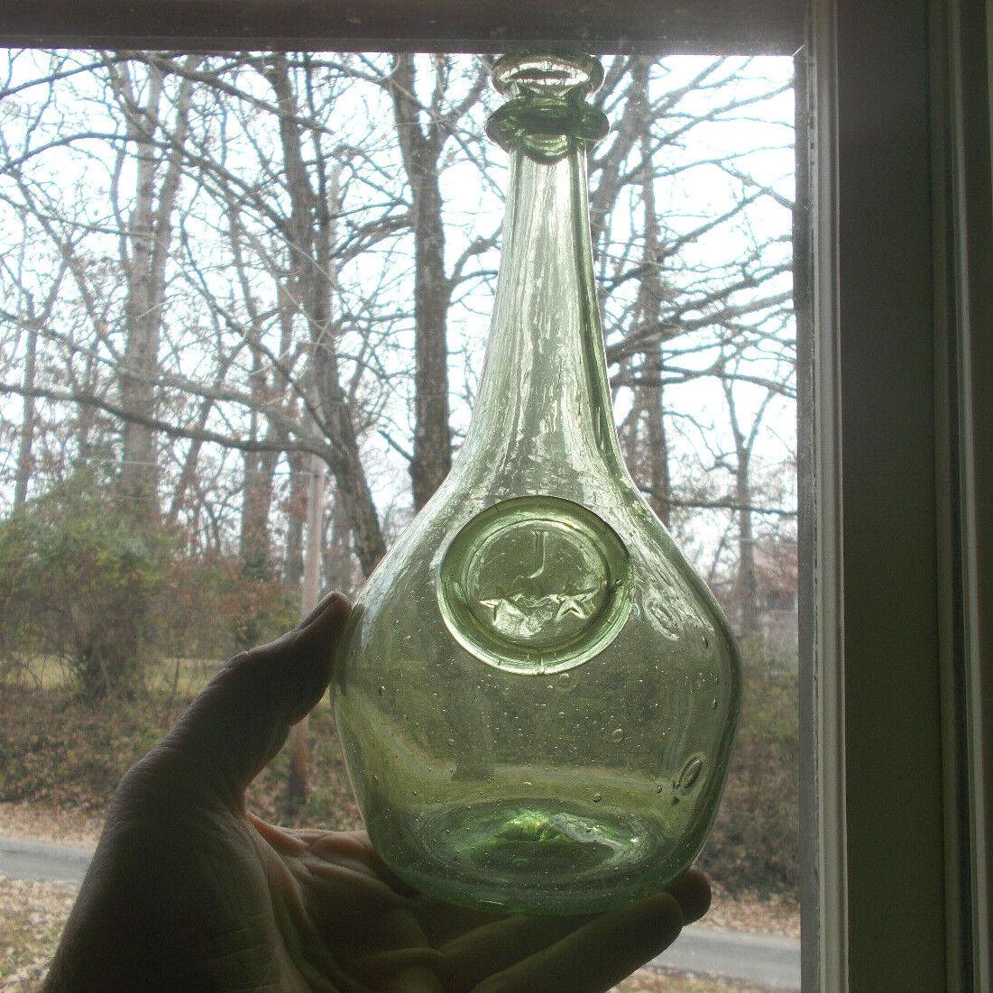 PONTILED GREEN SHAFT & GLOBE 1650 CRUDE BLOWN REPRO BOTTLE WITH EMB J&STARS SEAL