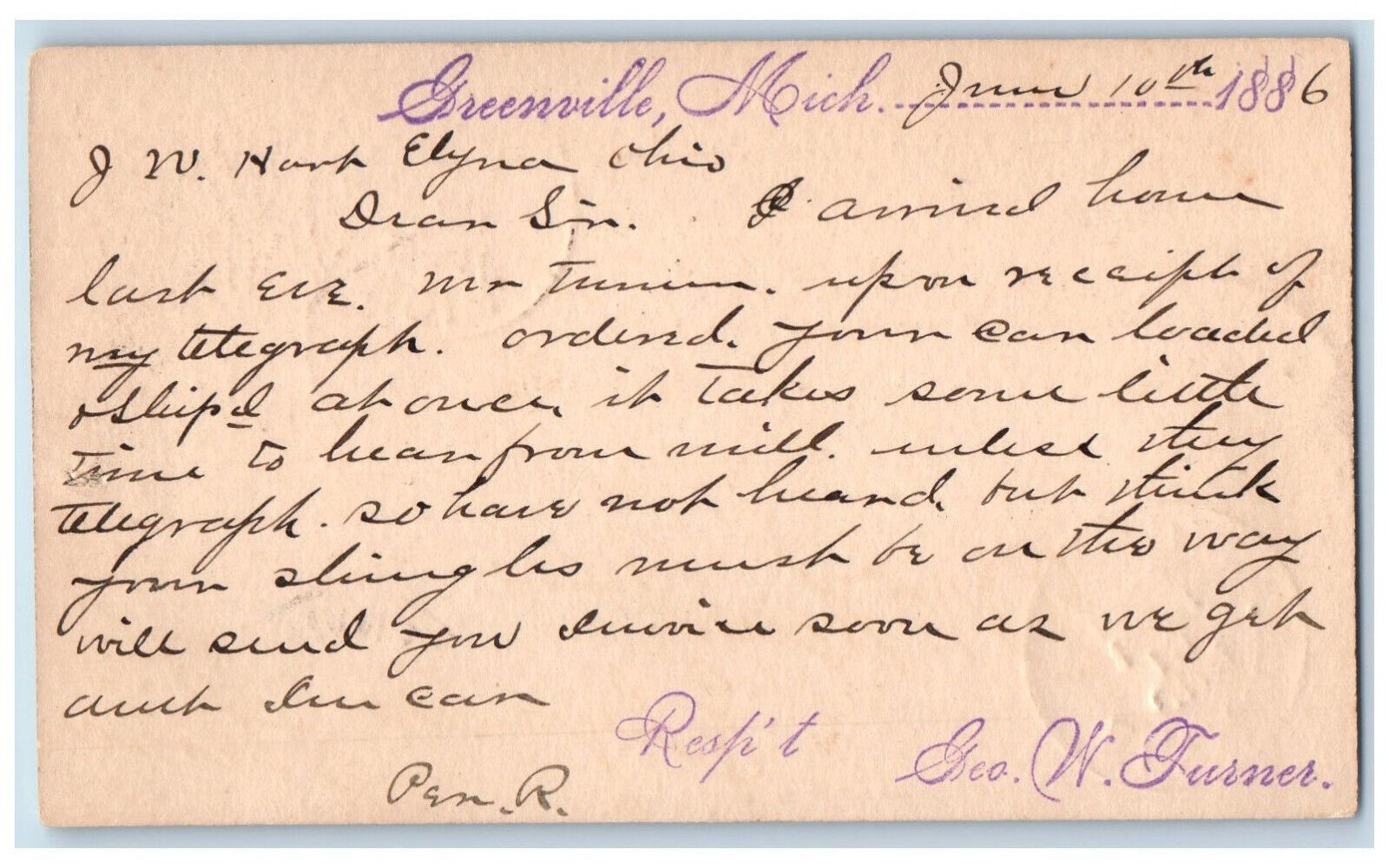 1886 Receipt of Telegraph Greenville Michigan MI Elyria Ohio OH Postal Card