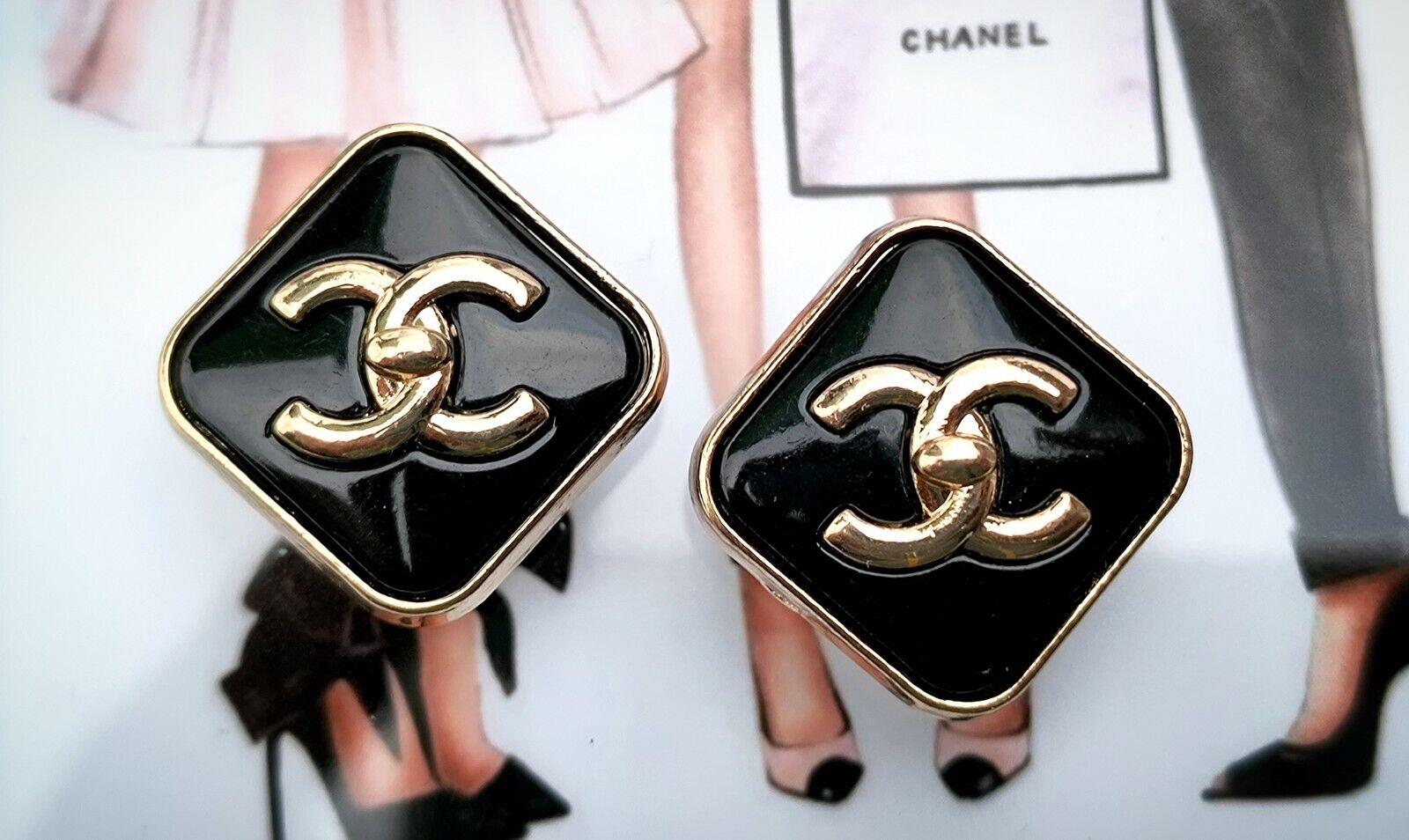 10 Chanel Steel Stamped CC Black Gold Square Button 18mm Set of 10